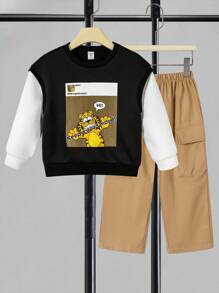 SHEIN Bộ 2 quần áo nỉ in hình động vật hoạt hình thoải mái, phong cách đa năng, mềm mại dày cho bé trai, thích hợp mặc hàng ngày, đi học, ngoài trời, thể thao, mùa thu đông, quần áo mùa thu - Nhiều màu - Xem 11