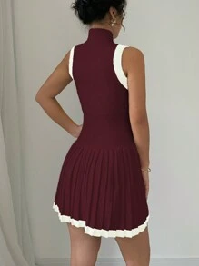 Elenzga Váy len xếp ly không tay cổ đứng phối màu đơn giản mùa thu - Màu Đỏ Sâu - Xem 2