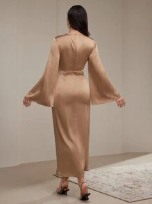 Veilorie 女士优雅纯色喇叭袖系带长裙，秋季朴素 - 卡其色 - 查看 3