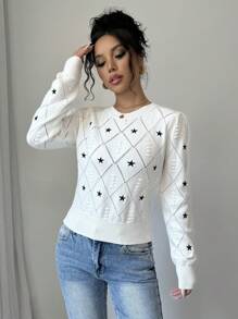 Selianne Women's Casual Star Pattern Sweater, Autumn,Long Sleeve Tops Knit Pullover Fall Winter Outfit - Apricot - View 4