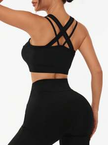 SHEIN Sports Women's Solid Color Cross-Neck Racerback Sports Tank Top - Black - View 4