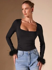 SHEIN BAE Women's Plain Square Neck Fuzzy Patchwork Long Sleeve Bodysuit - Black - View 4