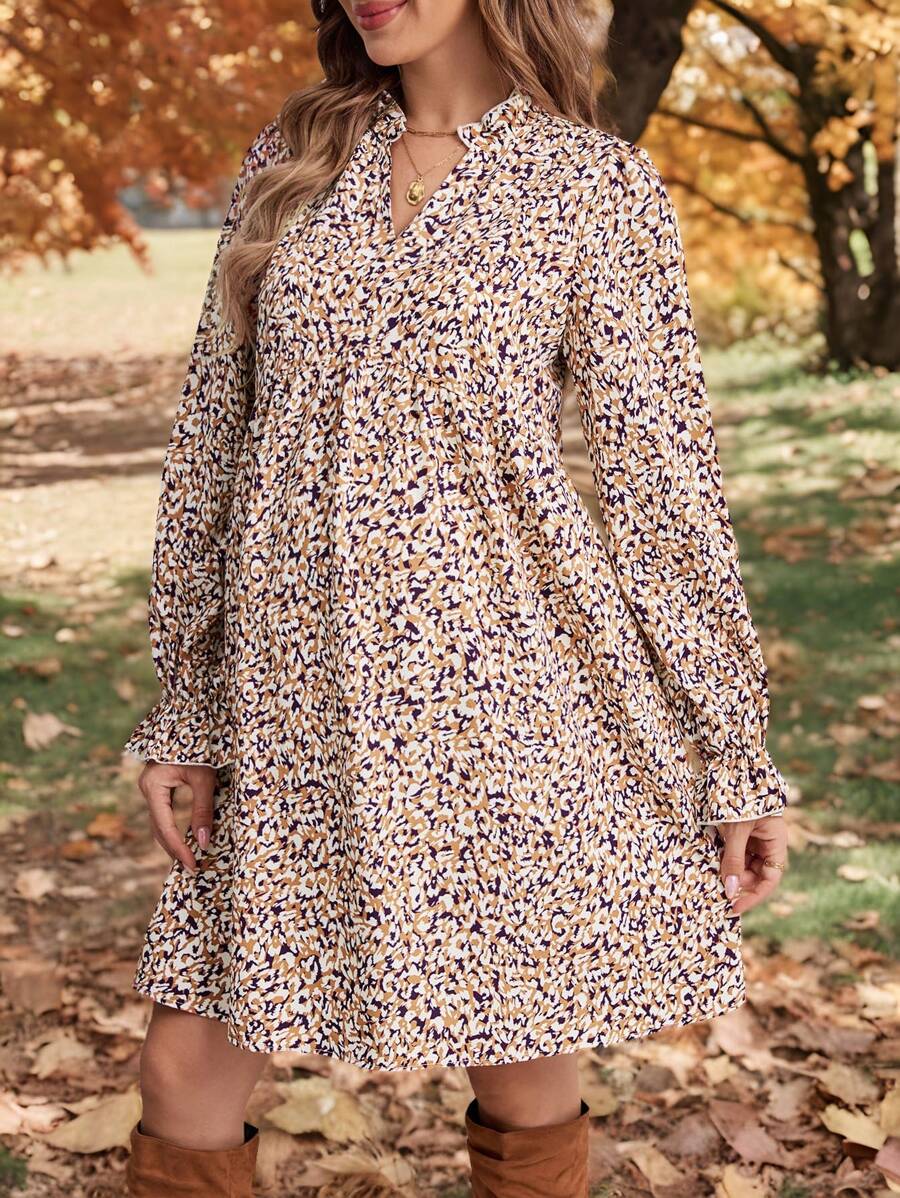 SHEIN Maternity Allover Print Flare Sleeve Smock Dress - Pink - View 1