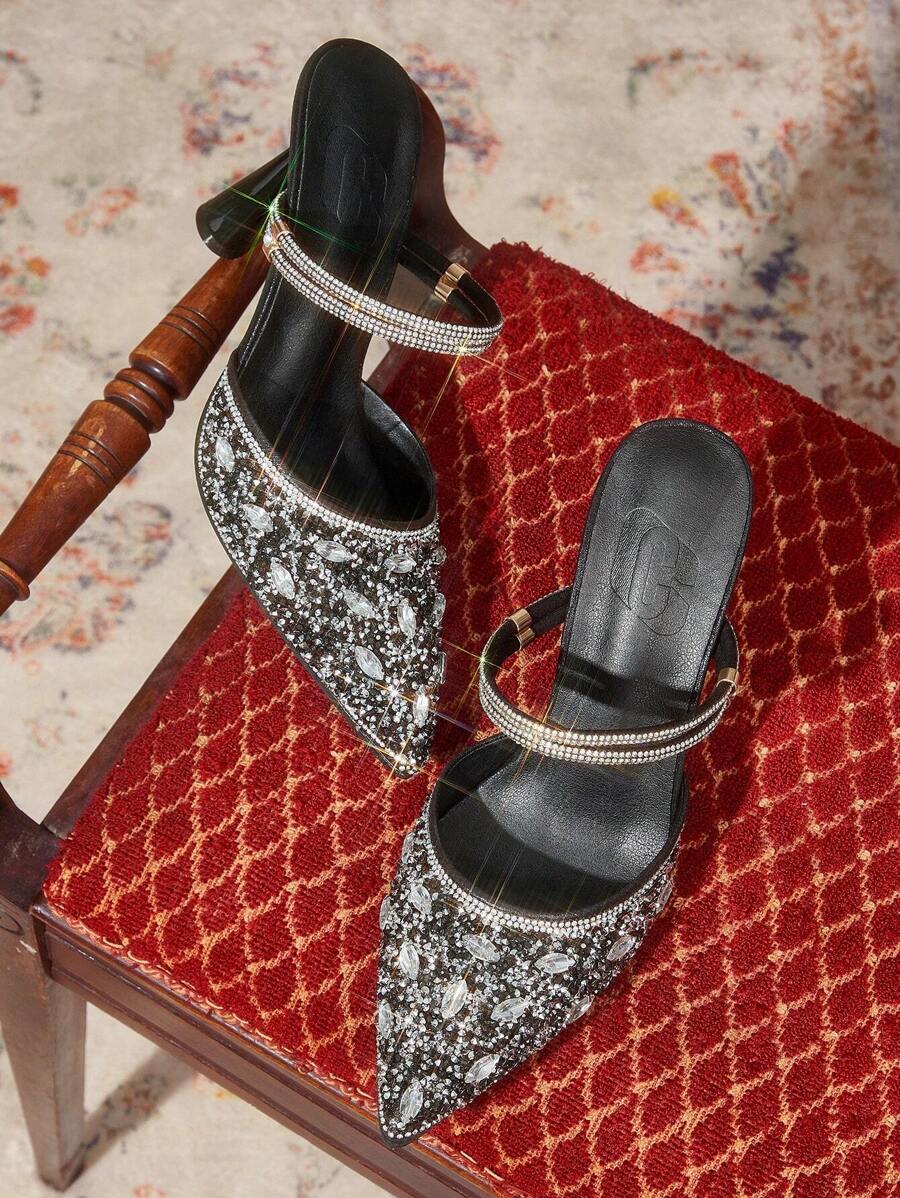 CUCCOO TILAWA Pointed Toe Glitter Party High Heels For Women Fall - Black - View 1