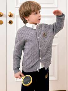 PrepCrw Áo khoác cardigan dáng rộng một hàng khuy màu xám dành cho bé trai có thêu họa tiết sóc cho mùa tựu trường, thu đông - Xám - Xem 3