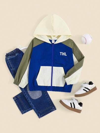 THE HAPPY LOOK 年轻男孩字母印花撞色连帽休闲户外运动风衣夹克，秋冬