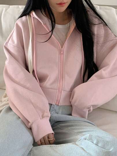 DAZY Sudadera con capucha de felpa suelta y corta para mujer, chaqueta con cremallera