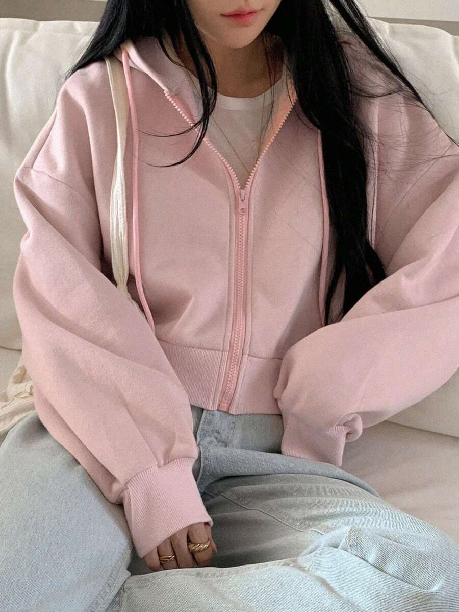 DAZY 女式短款宽松休闲羊毛连帽衫拉链运动衫夹克