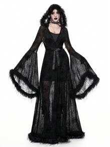 ROMWE Goth 哥特式蝙蝠图案植绒抽绳修身连帽女式上衣，万圣节服装 - 黑色 - 查看 5