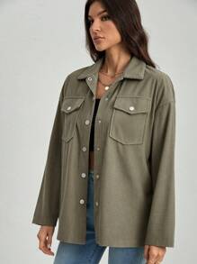 SHEIN Tall Flap Pocket Drop Shoulder Coat For Spring & Autumn - Army Green - View 3