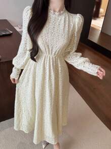 DAZY 女士长款蕾丝边保暖衬里白色连衣裙，秋季连衣裙长袖连衣裙婚礼女士连衣裙 - 米色 - 查看 10