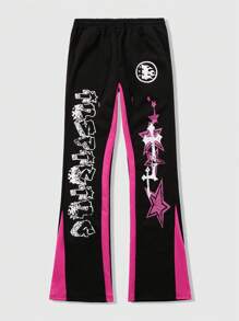 ROMWE MEN ROMWE Avant Men's Printed Patchwork Contrast Color Flared Sweatpants For Spring & Summer - Black - View 3