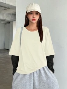 DAZY Women's Round Neck Drop Shoulder Contrast Color Casual Loose Long Sleeve T-Shirt, Spring/Summer