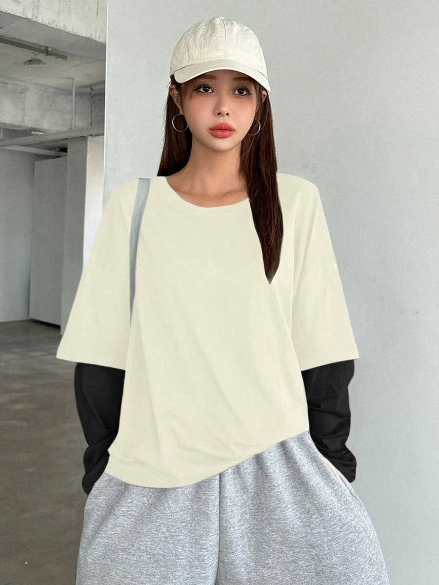 DAZY Women's Round Neck Drop Shoulder Contrast Color Casual Loose Long Sleeve T-Shirt, Spring/Summer