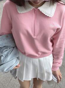 DAZY Women's Contrast Patchwork Half-Zip Relaxed Cropped Hoodie Sweatshirt - Pink - View 4