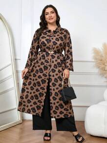 Mulvari 2pcs Plus Size Front Button Leopard Print Long Sleeve Top And Pants Casual Set - Coffee Brown - View 1