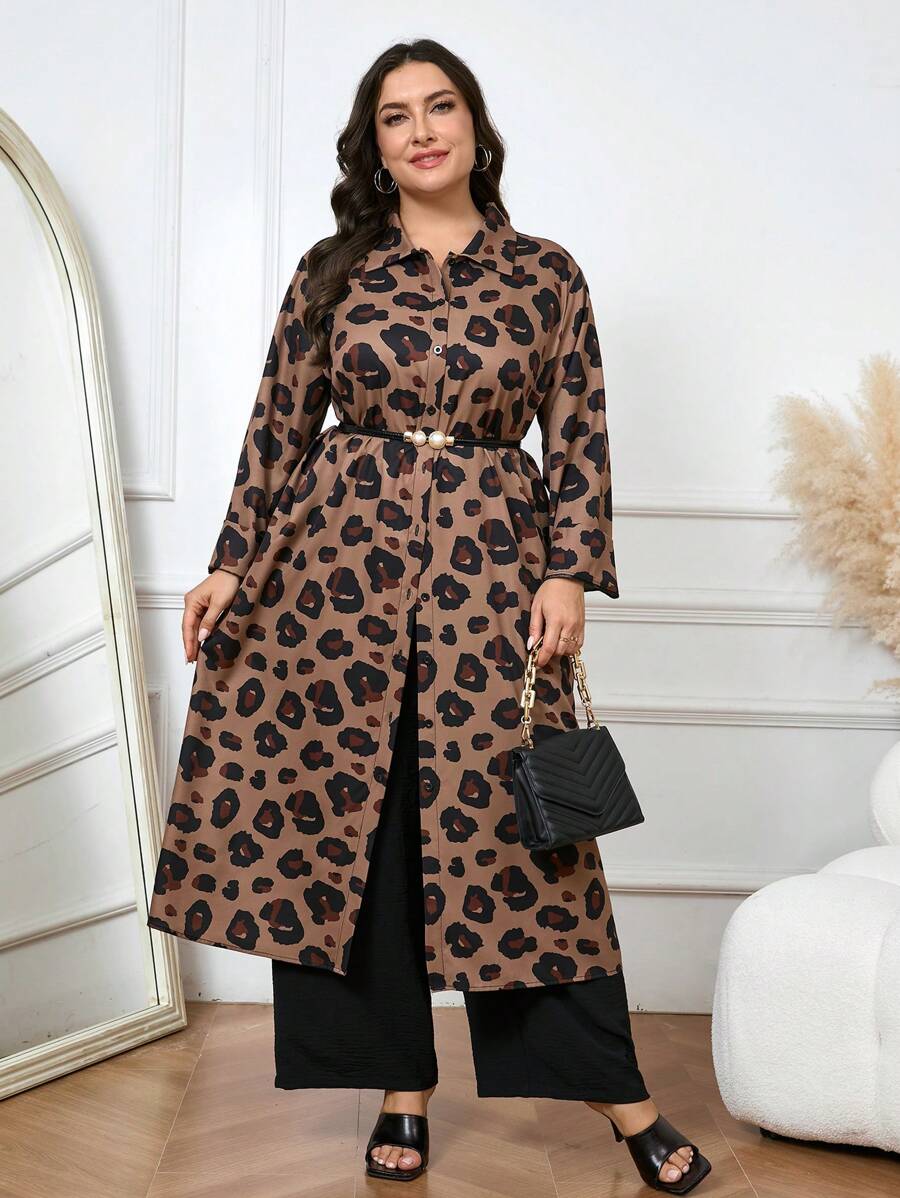 Mulvari 2pcs Plus Size Front Button Leopard Print Long Sleeve Top And Pants Casual Set - Coffee Brown - View 1