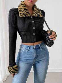 Chiquease Women's Long Sleeve Cardigan With Fluffy Collar & Zebra Pattern