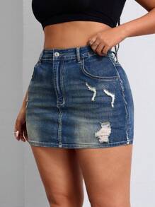 SHEIN Unity Damen Denim Rock mit Rissen und Taschen in Große Größen - Dunkle Waschung - Übersicht 6