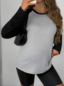 SHEIN 孕妇拼色圆领长袖休闲 T 恤，适合孕妇 - 彩色 - 查看 3