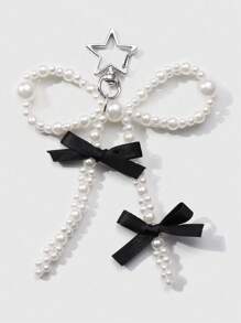 ROMWE Kawaii 1pc Minimalist Multi-Purpose Handmade Faux Pearl & Ribbon Bow Star Keychain/Bag Charm, Suitable For Women & Girls, Daily Wear Or Gift Valentines