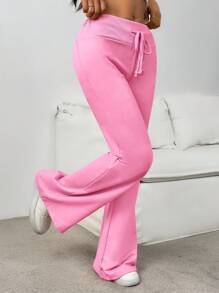 SHEIN EZwear Drawstring Waist Flare Leg Sweatpants - Pink - View 6