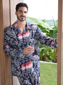 Manfinity ChillVibe Men's Paisley Floral Print Lapel Neck Single Breasted Long Sleeve Top And Pants Loungewear Set - Multicolor - View 3