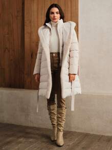 Anewsta Thick Fur Collar Mid-Length Versatile Women Jacket - Beige - View 4