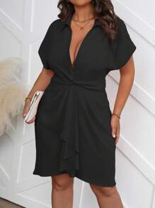 Vionelle Plus Size Solid Color Batwing Sleeve Twist Front Casual Mini Dress - Black - View 5