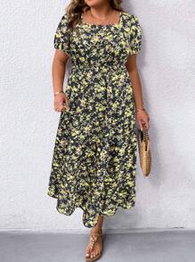 SHEIN LUNE Robe à manches bouffantes col carré à motif floral pour femmes grande taille