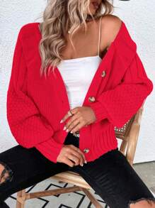 EMERY ROSE Áo len cardigan dáng rộng đơn hàng khuy đơn tay đèn lồng màu trơn cho nữ, trang phục thu đông năm mới - Đỏ - Xem 6