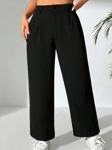 SHEIN VCAY Plus Size Solid Color Button-Front Casual Pants, Daily Wear - Black - View 1