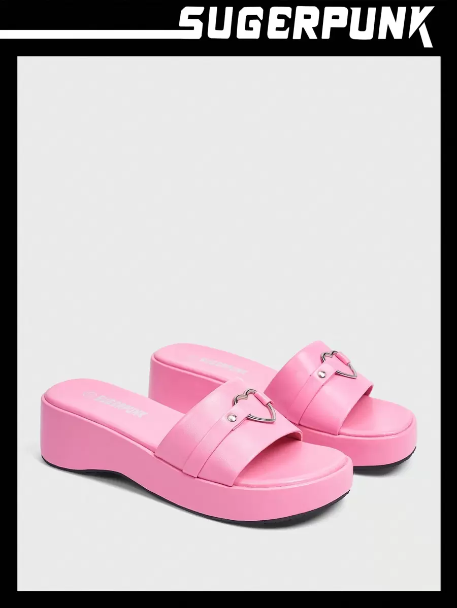 Sugerpunk Pantoufles décoratives en forme de cœur simples, porter casual d'été et d'automne - Rose bonbon - Voir 1
