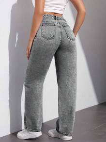 SHEIN EZwear Casual Washed Straight-Leg Jeans - Grey - View 2