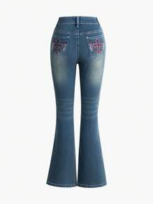 SHEIN Adolescente menina cruz strass flare casual versátil jeans