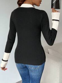 Chiquease Áo len chui đầu dài tay màu tương phản cho nữ có viền xẻ, mùa thu/đông - Đen và trắng - Xem 2