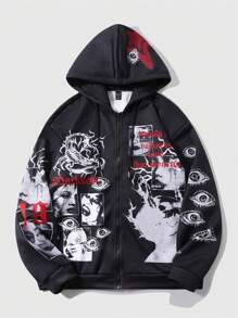 ROMWE MEN Street Life Men's Autumn/Winter Letter & Character Print Zip Closure Drawstring Hooded Casual Sweatshirt - Black - View 1