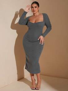 SHEIN BAE 加大码方领长袖时尚修身优雅纯色休闲连衣裙灰色针织罗纹弹力紧身中长连衣裙秋季连衣裙 - 灰色 - 查看 3