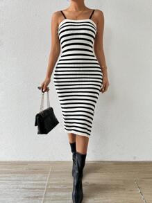 Chiquease French Fashionable Multi-Purpose Black And White Striped Camisole Knit Dress