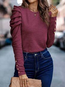 SHEIN Clasi Gigot Sleeve Button Detail Tee - Hot Pink - View 4