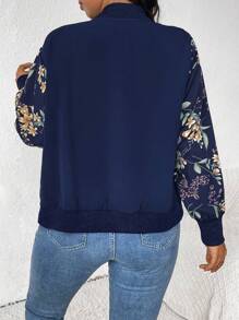 SHEIN Frenchy Chaqueta de béisbol con bloques de color e impresión floral para mujeres de talla grande, para primavera y otoño