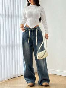 Flirla Áo len bó màu trơn dài tay viền bất đối xứng cho nữ, mùa thu/đông - trắng - Xem 4