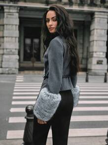 Anewsta Autumn Fashionable Patchwork Cropped Knitted Jacket - Grey - View 1