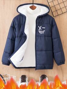 SHEIN Abrigo acolchado con capucha de manga larga con cremallera, abrigo de invierno acolchado para niños preadolescentes con estampado de moda casual, forro térmico compuesto