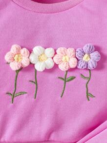 2 pièces/Set Ensemble sweat-shirt et pantalon imprimé floral adorable pour bébé fille, automne hiver - Rose vif - Voir 3