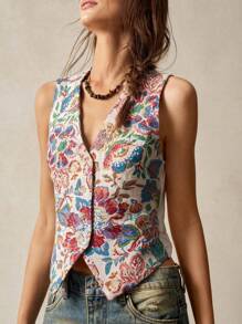 Bohemela Floral Jacquard Casual Vest Jacket Boho Vacation Retro Braid In Fall/Winter