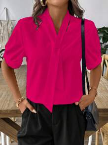 Chiquease Blusa elegante e fluida da donna con colletto e laccio, tinta unita per l'estate