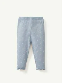 Cozy Pixies 2pcs Baby Girl Snug Fit Pajama Set - Round Neck Ruffle Trim Long Sleeve Top And Pants - Dusty Blue - View 2