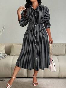 SHEIN Clasi Plus Size Women's Spring/Summer Striped Long Sleeve Single-Breasted Casual Shirt Dress