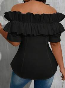 Celure Áo cánh hở vai màu trơn cỡ lớn viền bèo nhún đơn hàng khuy mùa hè - màu đen - Xem 2